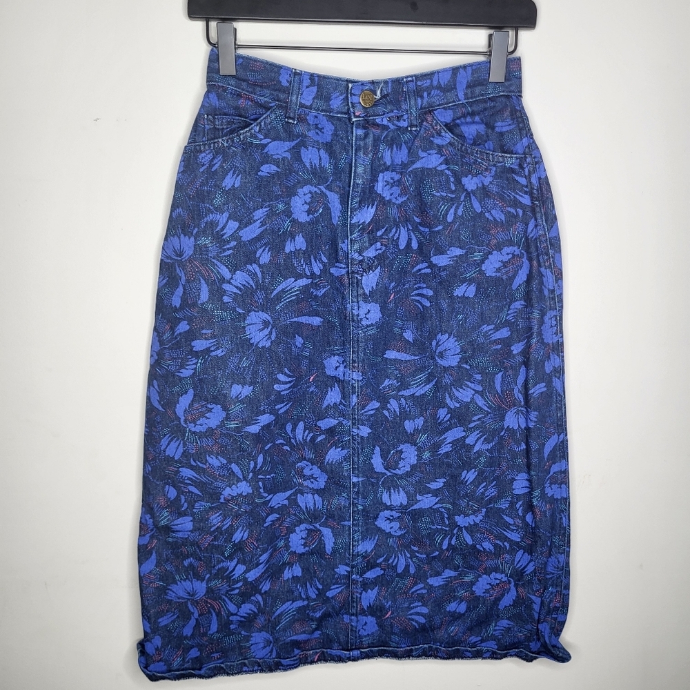 Lee Vintage Blue Floral Denim Midi Skirt Size 7